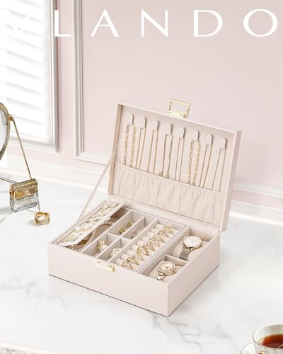 VLANDO 2 Layer Jewelry Boxes Large Jewelry Organizer for Women Removable Jewelery Tray for Watch Necklace Earrings Rings Bracelets Mothers Gifts Mom Gifts(Apricot White) - color: 04-Apricot Pink-Watch Pillow