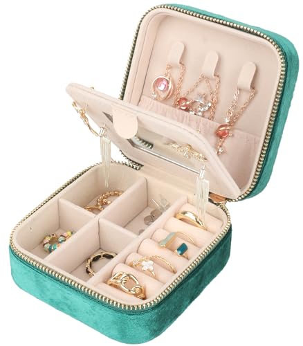 Plush Velvet Jewelry Box,Travel Jewelry Case with Mirror, Jewelry Organizer,Gift for Women Girls,1Pack - color: Suede With Mirror in Green, size: 3.9x3.9x1.9 In
