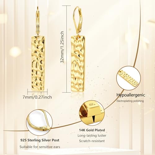 ALEXCRAFT 925 Sterling Silver Dangle Earrings for Women, 14K Gold Plated French Leverback Earrings, Hypoallergenic Lightweight Statement Hammer Square Bar Long Drop Earing for Women Trendy Jewelry - color: GoldC