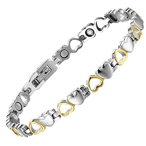 BioMag Magnetic Bracelet for Women, Titanium Steel Wristband Brazaletes for Pain Relief Solid Pure Copper Jewelry Gift with Adjustable Tool - color: Silver-Gold
