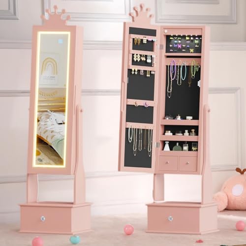 Kids Jewelry Armoire Cabinet with Full-Length Mirror,46"Jewelry Armoire with Led Light, Kids Jewelry Organizer with 3 Storage Drawers,Kids Vanity Dress Up Mirror Jewelry Cabinet for Girls（light Pink) - size: Light pink
