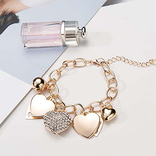 SILANER Gold Chain Link Bracelet - 7"+ 2" Extender 14K Gold Plated Love Locked Bracelets for Women, with Crystal, Love Heart,Key, Lock, Charm Bracelet - color: Ture Love Charm