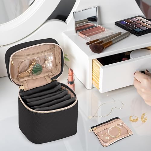 Teamoy Mini Jewelry Organizer with 6 Small Jewelry Bags, Travel Jewelry Storage Box for Necklaces, Rings, Earrings, Bracelets, Quilted Black - color: Black