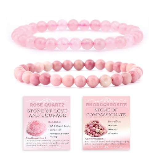NCB 2.3-Piece 4mm Natural Crystal Gemstone Stretch Bracelets – Handmade Reiki Energy Healing Jewelry for Meditation,Yoga, Unisex - color: 2PCS ( Pink Quartz+Rhodochrosite ), size: 6mm