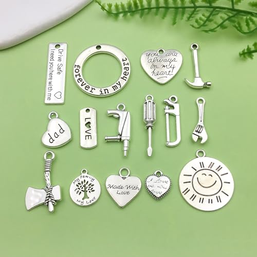 Sailanzi 45pcs Ancient Silver Father's Day Series Set Hammer, Wrench, Screwdriver Jewelry Making DIY Keychain Earrings Pendant Various Design Charms for Jewelry Making Bracelets Necklace(SN790) - color: SN790