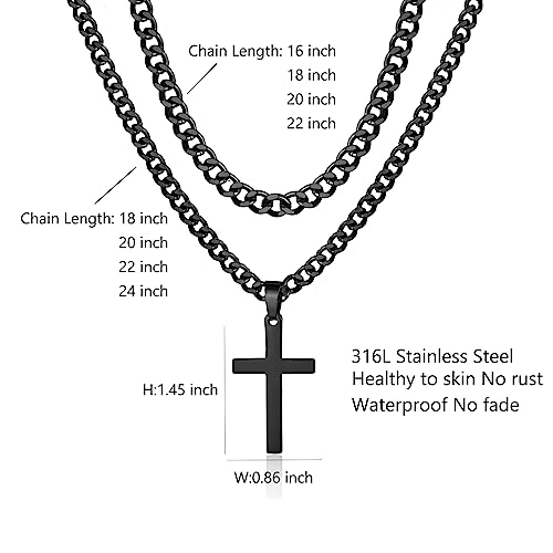 SENRAN Layered Cross Necklace for Men Boys Stainless Steel Layered Cuban Link Chain 16-24 inch Christian Cross Pendant Religious Jewelry Gifts - color: Black, style: 20inch/22inch
