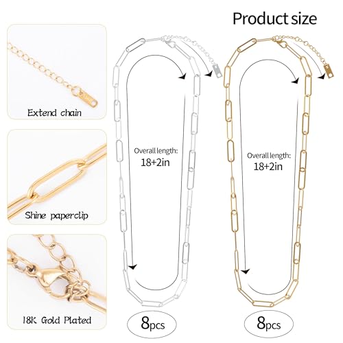 16 Pack 4mm 18K Gold Plated Paperclip Charm Necklace Chains Bulk for Jewelry Making 18Inch 18K Gold Plated and Stainless Steel Necklace Chain with 2 Inch Extension Chain for Women - color: 16 PCS 18K Gold+Silver