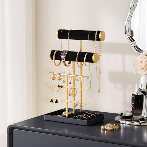 Lolalet Bracelet Display Stand Necklaces Holder, 5 Tiers Jewelry Organizer and Storage Rack with Velvet Slot and Metal Base, for Women Bangles Watches Ring Earrings -Black - color: Black