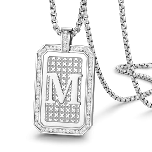 Initial Pendant Necklace Men Women Uppercase Silver Letter Diamond A-Z Stainless Steel Box 22 Inch - color: Silver-M