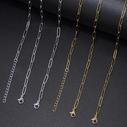 Exway 10 Pcs Paperclip Charm Bracelets Chain 6.5 Inch Stainless Steel Gold Chain Bracelets Kit with Lobster Clasps for Crafts DIY Women Jewelry Making - color: gold style B, size: 6.5in