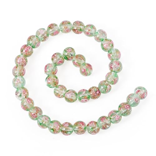 Cheriswelry 40Pcs/Strand Flower Lampwork Glass Beads 10mm Gold Sand Glass Bead Round Loose Spacer Beads for Rosary Jewelry Craft Making (Dark Sea Green) - color: Dark Sea Green