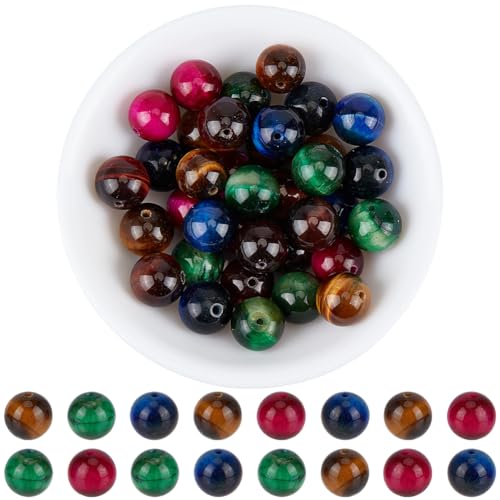 40PCS 10MM Natural Tiger Eye Beads with Hole Round Gemstone Pink Blue Green Energy Stone Smooth Polished Loose Spacer Bead Bulk for Jewelry Making Earrings Bracelets Necklaces DIY Crafts - size: 10mm 40pcs