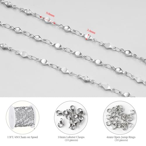 KYUNHOO Stainless Steel Silver Chain Roll 4 Meters Long Small Diamond Shape Jewelry Making Chains for Crafts DIY Supplies Jewelry Findings - color: Rhombic Steel