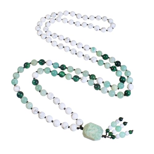 108 Mala Beads Genuine Semi-Precious Gemstone Hand Knotted 8MM Prayer Beads Long Multicolor Necklace 40 Inches - style: peace