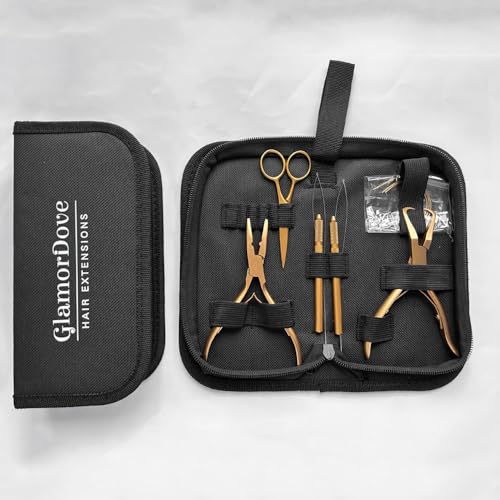 Hair Extension Pliers Kit Microlink Pliers for Extensions Hair Extension Beading Tool Hair Needle Pulling Hook Hair Styling Bead Closer and Remover Pliers - color: Gold
