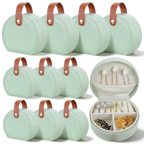 10 Pack Travel Jewelry Case Mini Leather Bridesmaid Jewelry Gift Box Bulk, Half Moon Design, Detachable Handle, Small Earring Storage Organizer for Women Girls Bridesmaid Proposal Gifts (Green)