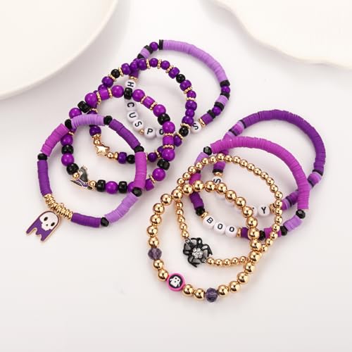 FAERLIIRY Halloween Bracelets for Women Preppy Heishi Bracelets HOCUS POCUS SPOOKY Letter Stack Vinyl Disc Beads Surfer Stretch Bracelet Halloween Cosplay Jewelry Gifts - style: SPOOKY BOO