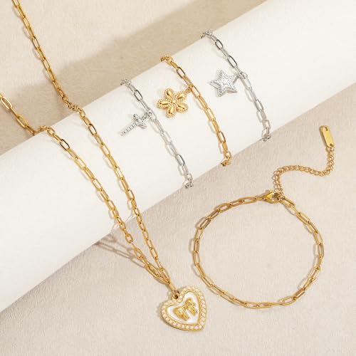 20 PCS Paperclip Chain Bracelet Necklace Kit Stainless Steel Charm Bulk Chains with Extender for DIY Jewelry Making Supplies Accessories (Gold + Steel - color: 3x7.5mm Gold Silver