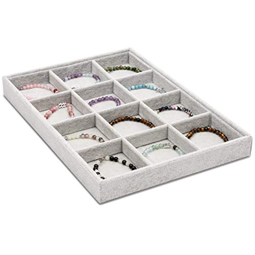 Juvale Velvet Stackable Jewelry Organizer Tray - 12-Grid Bracelet Holder & Ring Organizer - Velvet Jewelry Tray with Soft Compartments - Bracelet Holder Drawer Fits Standard Drawers - 14 x 9.5 In Gray - size: 12 Grids