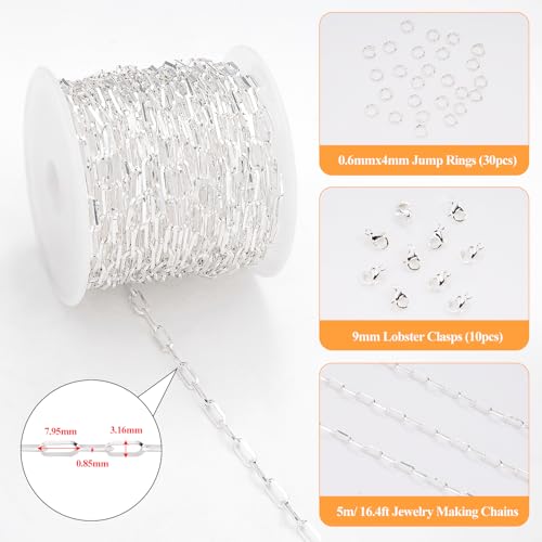 YOUBEIYEE 16.4 Feet Silver Paperclip Chain for Jewelry Making Stainless Steel Chains Roll for Women Necklace Bracelet DIY Jewelry Supplies - color: Paperclip Silver