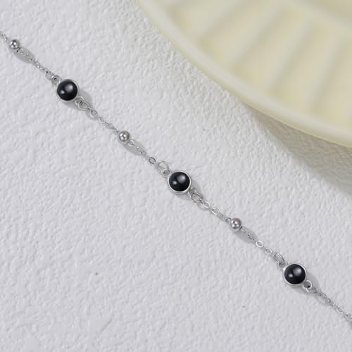 HPQQ Anklet Bracelet for Women 925 Sterling Silver Natural Stone Chain Bead Ankle Bracelet Beach Summer Fine Jewelry Mothers Day Birthday Gifts for Women Mom Wife - color: Anklet-9"-11"-Black Onyx