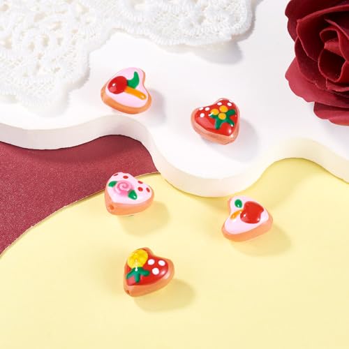 Beadthoven 5Pcs Heart Shaped Lampwork Beads Heart with Fruits Glass Crystal Bead Charm Apples Pineapple Cherry Orange Handmade Crystal Craft Spacers for Jewelry Making Bracelet Earrings DIY Supplies - color: Heart with Fruit