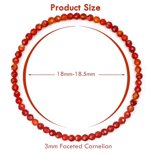 BONNY BOXX Natural Genuine Gemstone Faceted Round Beads Bracelets, 3mm Adjustable Stretchy Tiny Faceted Black Tourmaline Bracelet, Healing Crystal Reiki Chakra Dainty Jewelry Fashion Gifts - color: Carnelian