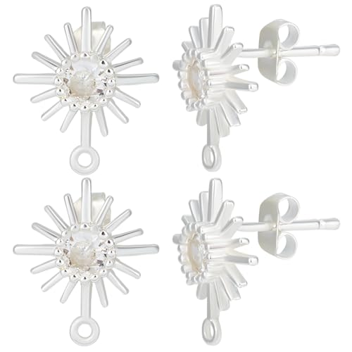 Beebeecraft 1 Box 10Pcs Sun Post Earring Sterling Silver Cubic Zirconia Stud Earring Findings with Horizontal Loops and Butterfly Earring Backs for DIY Earring Jewelry Making - color: Silver Sun Earring