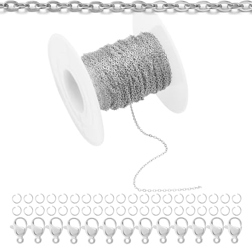 66Feet Stainless Steel Necklace Chains Cable Link Chains for Jewelry Making DIY Craft Kit with Lobster Clasps Jump Rings - color: 66Feet-Stainless Steel, size: 1.0mm