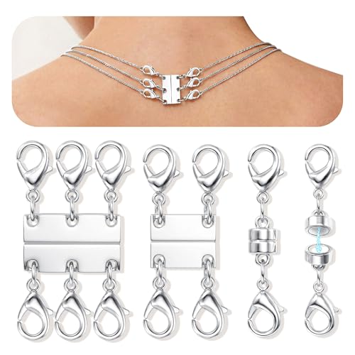 GEMQUEEN Magnetic Necklace Clasps and Closures with Double Lobster Clasp : Silver Plated Magnet Jewelry Layering Clasps for Necklaces Multi Magnets Bracelet Helper Necklace Extenders 4PCS - color: White Gold Plated - 4PCS