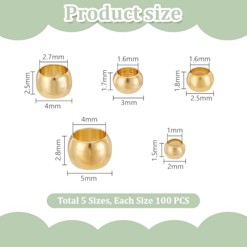 PH PandaHall 18K Gold Plated Brass Tube Crimp Beads 500Pcs 5 Sizes Rondelle Spacer Bead Loose Connector Beads for DIY Jewelry Necklace Bracelet Crafts 2mm 2.5mm 3mm 4mm 5mm, 1~4mm Hole