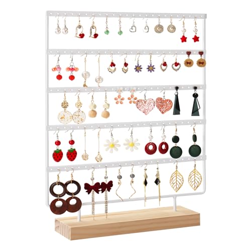 Jewelry Organizer, 5 Tiers Earring Organizer with 120 Holes for Storing and Displaying Earrings of Various Styles, Models and Sizes, Removable Wooden Base for Home and Store Use - color: White