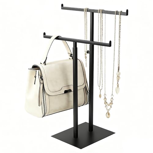 Purse Display Stand Jewelry Towers, Black Double T-Shaped Tabletop Stainless Steel Hook Hanging Adjustable Height Handbag Holder for Organizer Luxury Bags Necklaces Home Store Boutique Retail Closet - color: Black