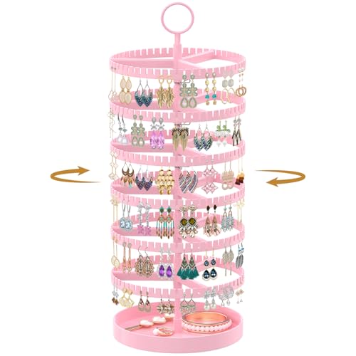 MODOWEY 6 Tier Rotating Earring Holder Organizer Display Tree with Metal Tray, Adjustable Plastic Stand with 342 Slots for Stud Hoop Hanger, Large Capacity Storage Rack for Women, Pink - color: Pink