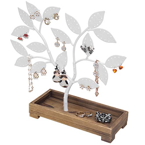 MyGift Earring Storage Rack Organizer, White Metal Jewelry Tree, Necklace and Bracelet Hanger with Wooden Ring Tray Trinket Holder - Holds 68 Pairs of Earrings - color: White