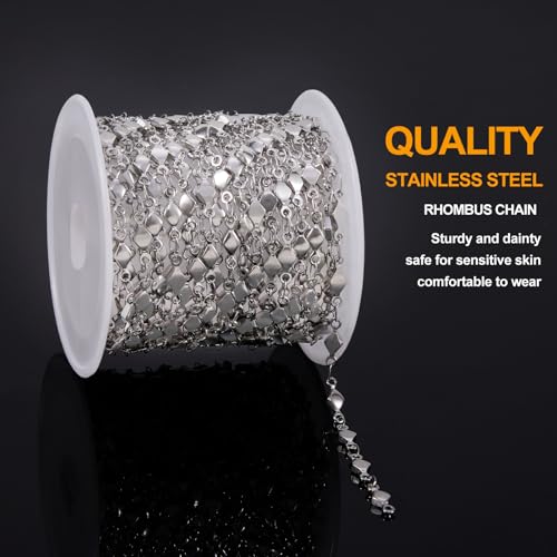KYUNHOO Stainless Steel Silver Chain Roll 4 Meters Long Small Diamond Shape Jewelry Making Chains for Crafts DIY Supplies Jewelry Findings - color: Rhombic Steel