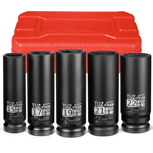 5 Pieces 1/2 inch Drive Deep Impact Socket Set, Metric,15mm 17mm 19mm 21mm 22mm,Cr-Mo,6-Point,Spindle Axle Nut Impact Socket - size: 1/2" Deep 5pc