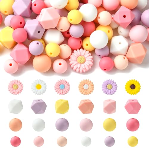 LiQunSweet 110 pcs Spring Theme Daisy Flower Focal Silicone Beads Round Hexagon Shape Silicone Beads for Keychain Making DIY Beadable Pens Jewelry Making Bracelets - color: Hexagon Round Daisy Beads_110 Pcs