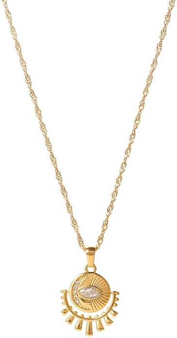 IBARA Women Gold Dianty Necklace Sun Crescent Moon Star Evil Eye Lock Lovely Heart Flower Butterfly Pearl Pendant Coin Necklaces 18K Gold CZ Diamond Filled Chain Boho Beach Simple Handmade Jewelry