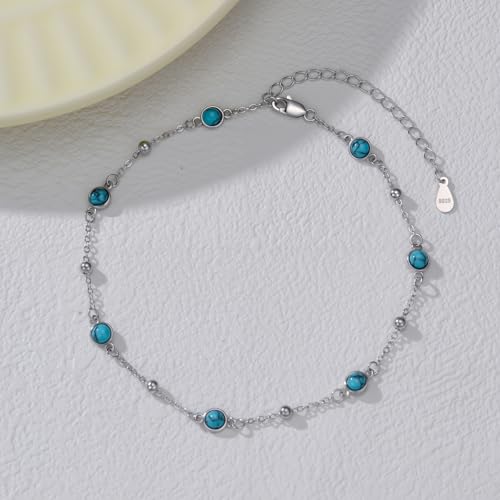 HPQQ Anklet Bracelet for Women 925 Sterling Silver Natural Stone Chain Bead Ankle Bracelet Beach Summer Fine Jewelry Mothers Day Birthday Gifts for Women Mom Wife - color: Anklet-9"-11"-Turquoise