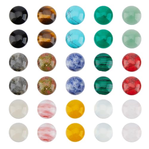 SUPERFINDINGS 30PCS Gemstone Cabochons 15 Styles Flat Round Cabochons 1.4cm/0.55in Crystal Quartz Stone for Earring Necklace Bracelet Jewelry Making - size: 14mm