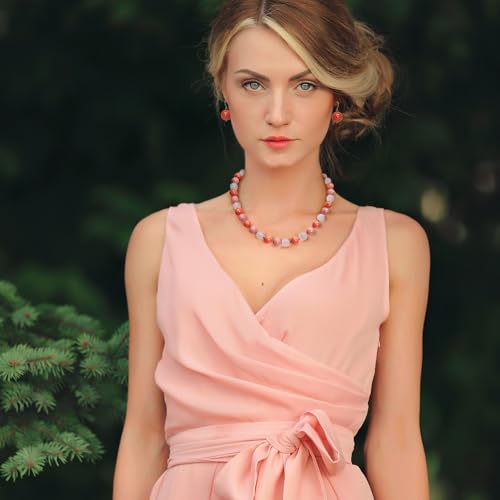 Gemstone Beaded Necklace for Women, Trendy 18K Gold Plated Hematite Natural Stone Bead Choker, Boho Handmade Summer Beach Necklaces for Women Everyday Western Jewelry Gifts - color: Rose Quartz