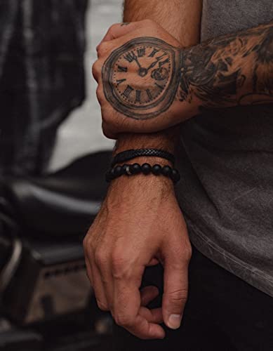 Forge & Foundry Men’s Matte Black Solid Onyx Beaded Bracelet | 10mm, 8mm, 6mm Bead Size Options | Signature Stainless Steel Engraved Bead | Andalus - color: 10mm Silver, size: Medium