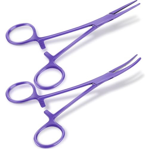 BBTO Hemostat Curved and Straight Hemostat Forceps Piercing Pliers Forceps, Stainless Steel Straight and Curved Pliers, Fishing Tweezer(Lilac,2 Pcs) - color: Lilac