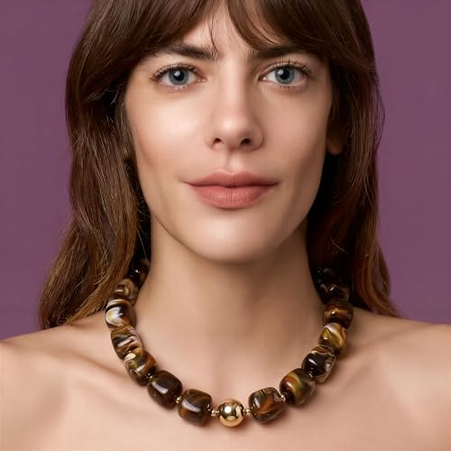 Chunky Necklaces for Women, Trendy Colorful Square Acrylic Resin Beads Statement Choker Necklace, Lightweight Boho Summer Beach Vacation Jewelry - color: Tiger's Eye color