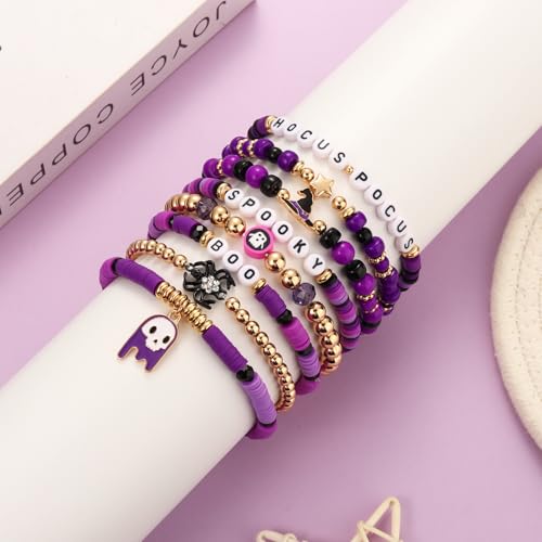 FAERLIIRY Halloween Bracelets for Women Preppy Heishi Bracelets HOCUS POCUS SPOOKY Letter Stack Vinyl Disc Beads Surfer Stretch Bracelet Halloween Cosplay Jewelry Gifts - style: SPOOKY BOO