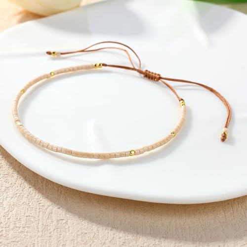 KELITCH Adjustable turquoise bead bracelet single color knitting friendship bracelet fashion jewelry daily wear gift (28 color selection) - color: Beige 04H