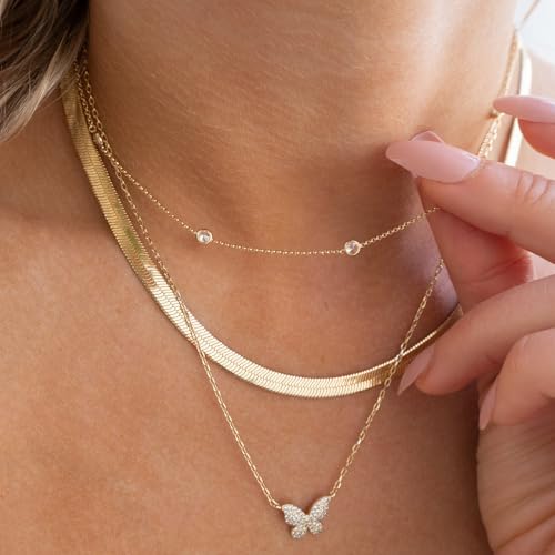 Mothers Day Gifts - Dainty Silver Gold Necklaces for Women Cute Station Choker Simulated Diamond Necklace Simple Layering CZ Necklace Trendy Jewelry Gifts - color: Gold, style: 5pcs Round CZ-Cable Chain