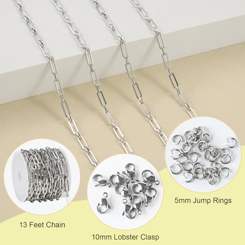 SMYHTGLIF 13 Feet Silver Stainless Steel Chain for Jewelry Making Paperclip Bulk Chain Spool Craft Jewelry with Lobster Clasps and Jump Rings - color: Paperclip Silver