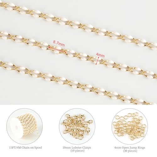KYUNHOO 13 Feet/4M White Oil Drip Chain for Jewelry Making Twist Lip Chain Roll Gold Plated Brass Jewelry Link for Necklace Bracelet Earring DIY Finding Supplies - color: White Lip